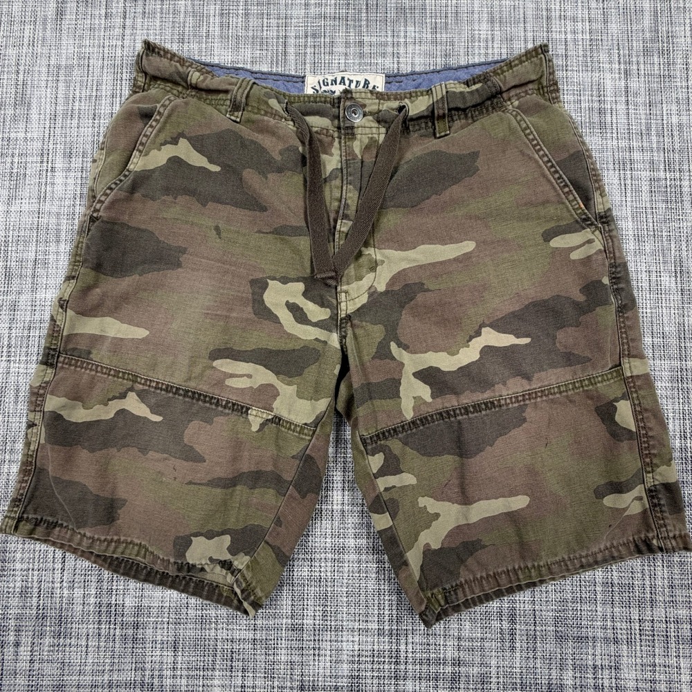 Signature Levi Strauss Mens 34 Camo Cargo Shorts Cotton Drawstring Green Brown